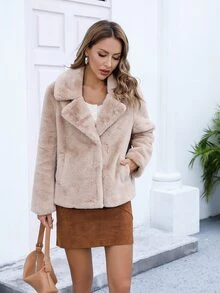 RELISH NOLESS Áo khoác giả lông nữ Túi Nút phía trước màu trơn Giải trí - Màu Khaki - Xem 4