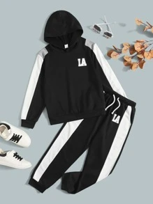 SHEIN Bộ hai mảnh Trai Dây kéo Túi Sọc bên Khối Màu Lá thư Sẵn sàng - Đen và trắng - Xem 1