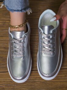 Metallic Lace-up Front Skate Shoes - Silver - View 1