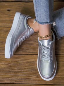 Metallic Lace-up Front Skate Shoes - Silver - View 2