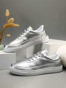 Metallic Lace-up Front Skate Shoes - Silver - View 3
