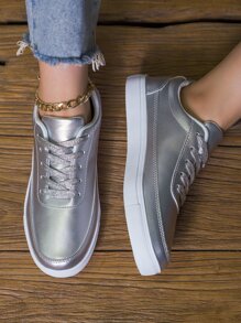 Metallic Lace-up Front Skate Shoes - Silver - View 5