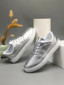 Metallic Lace-up Front Skate Shoes - Silver - View 6
