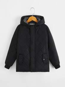 SHEIN Boys Button Front Hooded Quilted Coat - Black - View 2