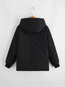 SHEIN Boys Button Front Hooded Quilted Coat - Black - View 3