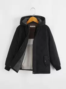 SHEIN Boys Button Front Hooded Quilted Coat - Black - View 1