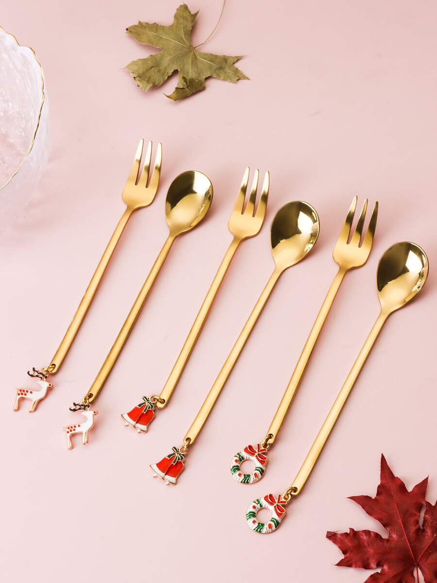 6pcs Christmas Design Fork & Spoon - Gold - View 1