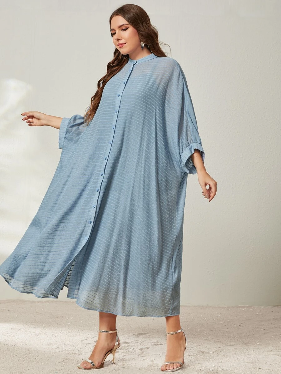 SHEIN LUNE Vestido camisero de manga murciélago - Neblina azul - Ver 1