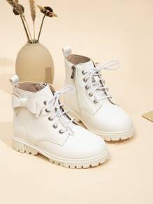 Girls Bow Decor Zip Side Lace-up Front Combat Boots - White - View 1