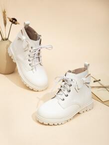 Girls Bow Decor Zip Side Lace-up Front Combat Boots - White - View 2