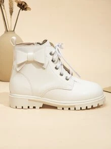 Girls Bow Decor Zip Side Lace-up Front Combat Boots - White - View 3