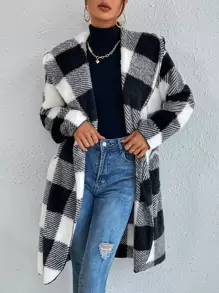 SHEIN LUNE Buffalo Plaid Print Open Front Hooded Teddy Coat - Black and White - View 1