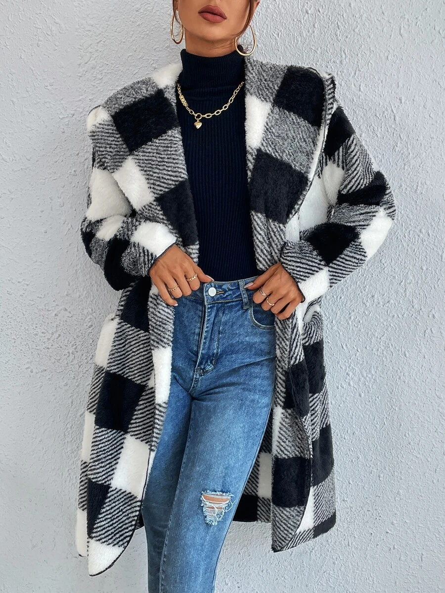 SHEIN LUNE Buffalo Plaid Print Open Front Hooded Teddy Coat - Black and White - View 1