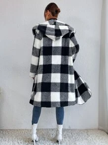 SHEIN LUNE Buffalo Plaid Print Open Front Hooded Teddy Coat - Black and White - View 2
