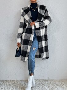 SHEIN LUNE Buffalo Plaid Print Open Front Hooded Teddy Coat - Black and White - View 4