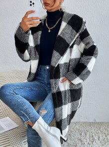 SHEIN LUNE Buffalo Plaid Print Open Front Hooded Teddy Coat - Black and White - View 6