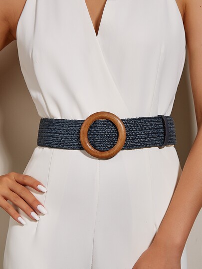 1pc Women's Round Wooden Buckle Elastic Waist Belt, Suitable For Beach & Holiday Summer, School Fall, Autumn, Halloween