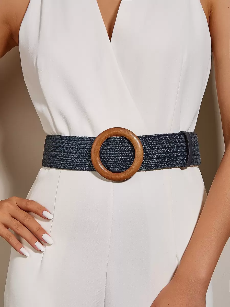 1 pieza Cinturón elástico de mujer con hebilla redonda de madera, adecuado para playa y vacaciones de verano, escuela de otoño, Halloween - Azul Marino - Ver 1