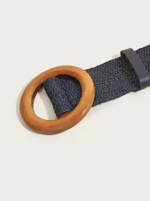 1 pieza Cinturón elástico de mujer con hebilla redonda de madera, adecuado para playa y vacaciones de verano, escuela de otoño, Halloween - Azul Marino - Ver 3