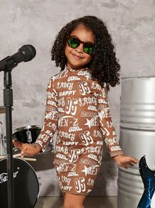 SHEIN 小女童字母圖案小高領連衣裙 - 彩色 - 查看 1