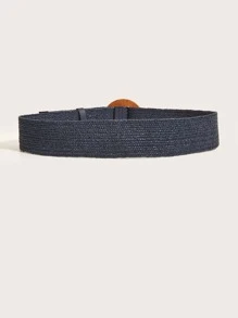 1 pieza Cinturón elástico de mujer con hebilla redonda de madera, adecuado para playa y vacaciones de verano, escuela de otoño, Halloween - Azul Marino - Ver 4