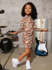 SHEIN 小女童字母圖案小高領連衣裙 - 彩色 - 查看 4