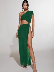 SHEIN BAE Cut Out One Shoulder Slit Thigh Dress - Dark Green - View 5