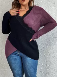 SHEIN LUNE Plus Two Tone Eyelash Lace Panel Drop Shoulder Crossover Sweater - Mauve Purple - View 1