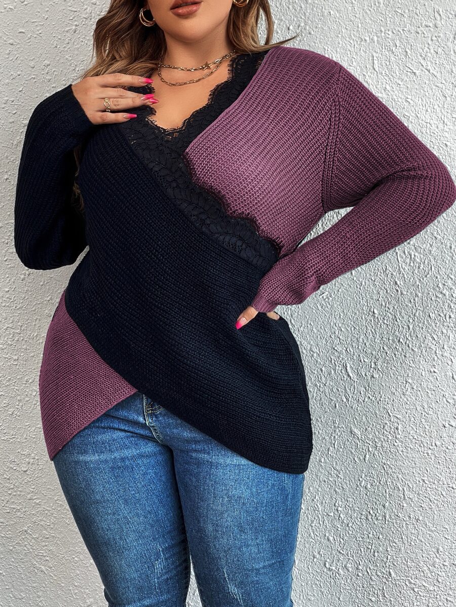 SHEIN LUNE Plus Two Tone Eyelash Lace Panel Drop Shoulder Crossover Sweater - Mauve Purple - View 1