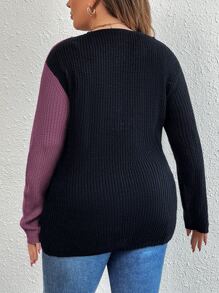 SHEIN LUNE Plus Two Tone Eyelash Lace Panel Drop Shoulder Crossover Sweater - Mauve Purple - View 2