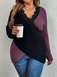 SHEIN LUNE Plus Two Tone Eyelash Lace Panel Drop Shoulder Crossover Sweater - Mauve Purple - View 3
