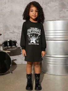 SHEIN 小女童吉他和字母圖案衛衣洋裝 - 黑色 - 查看 3