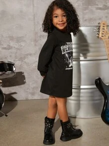 SHEIN 小女童吉他和字母圖案衛衣洋裝 - 黑色 - 查看 4