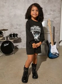 SHEIN 小女童吉他和字母圖案衛衣洋裝 - 黑色 - 查看 5