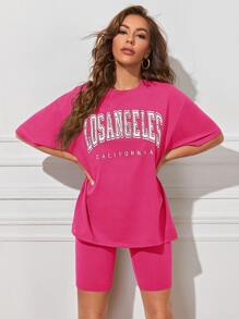 SHEIN EZwear 字母圖形T恤和機車短褲套裝 - 粉色 - 查看 4