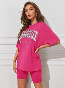 SHEIN EZwear 字母圖形T恤和機車短褲套裝 - 粉色 - 查看 3