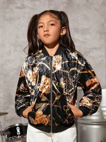 SHEIN Girls Chain & Bear Print Bomber Jacket - Multicolor - View 1