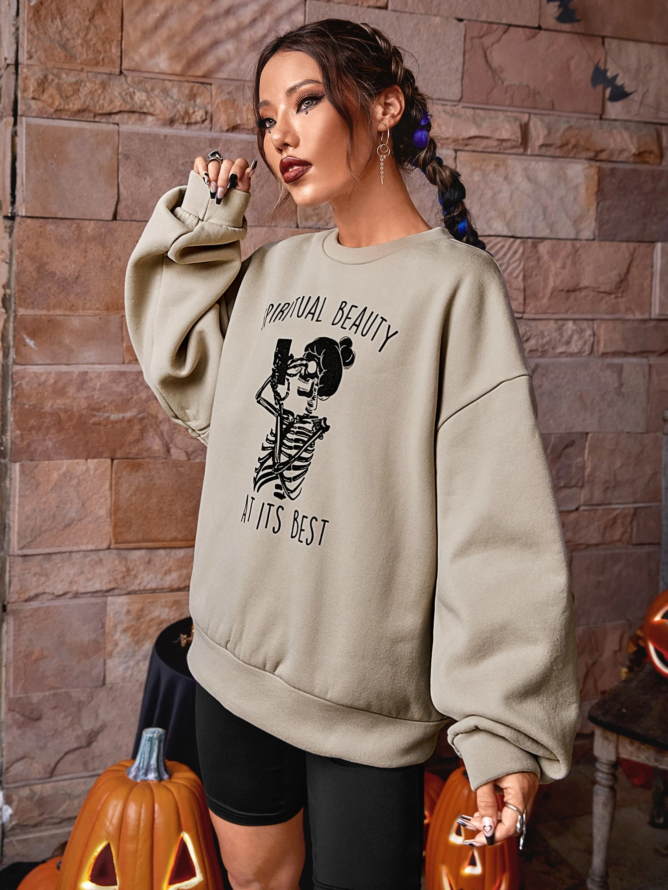 Miniatura 6 de Sudadera esqueleto con con estampado de slogan de hombros caídos Caqui