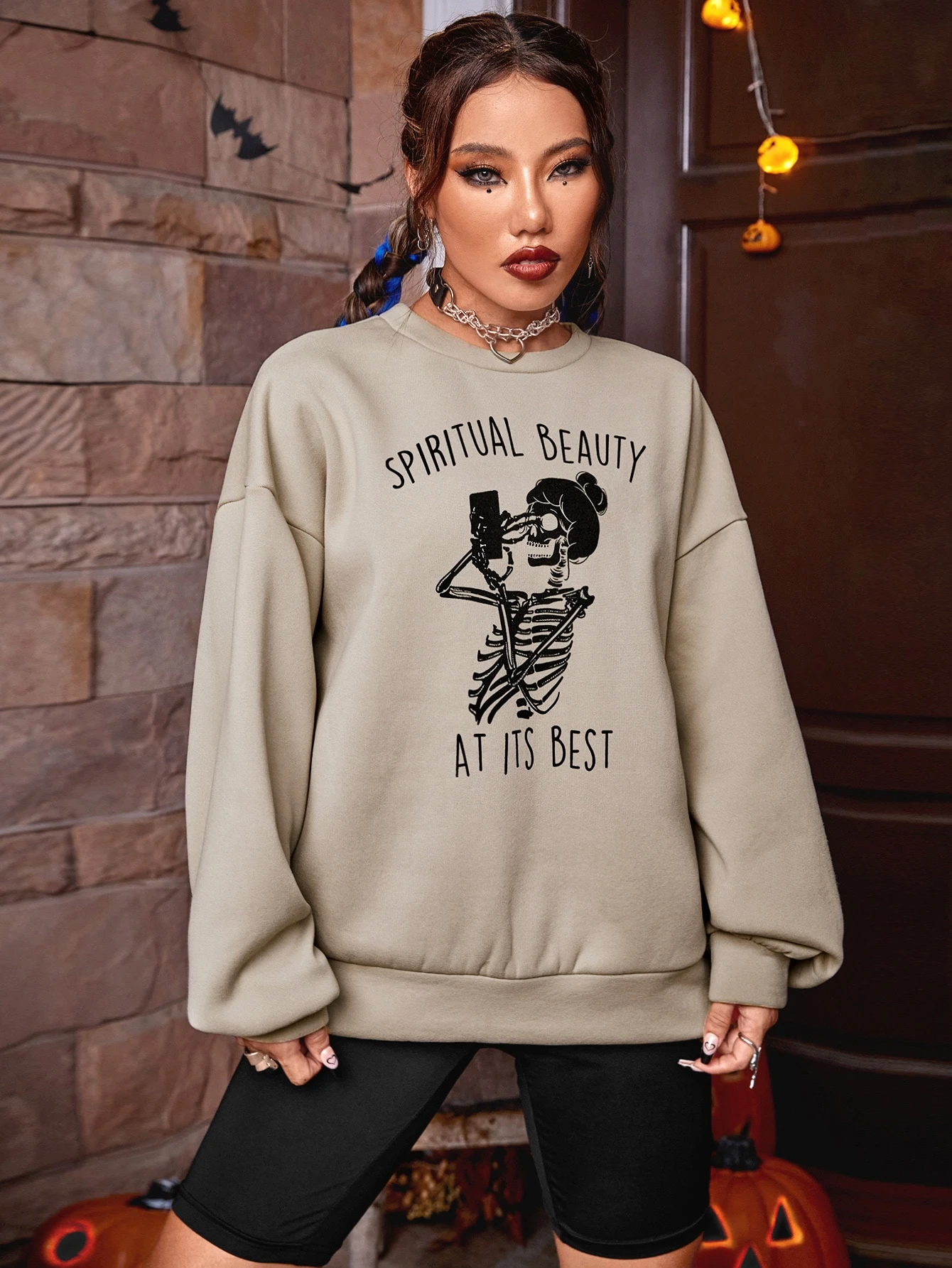 Miniatura 3 de Sudadera esqueleto con con estampado de slogan de hombros caídos Caqui