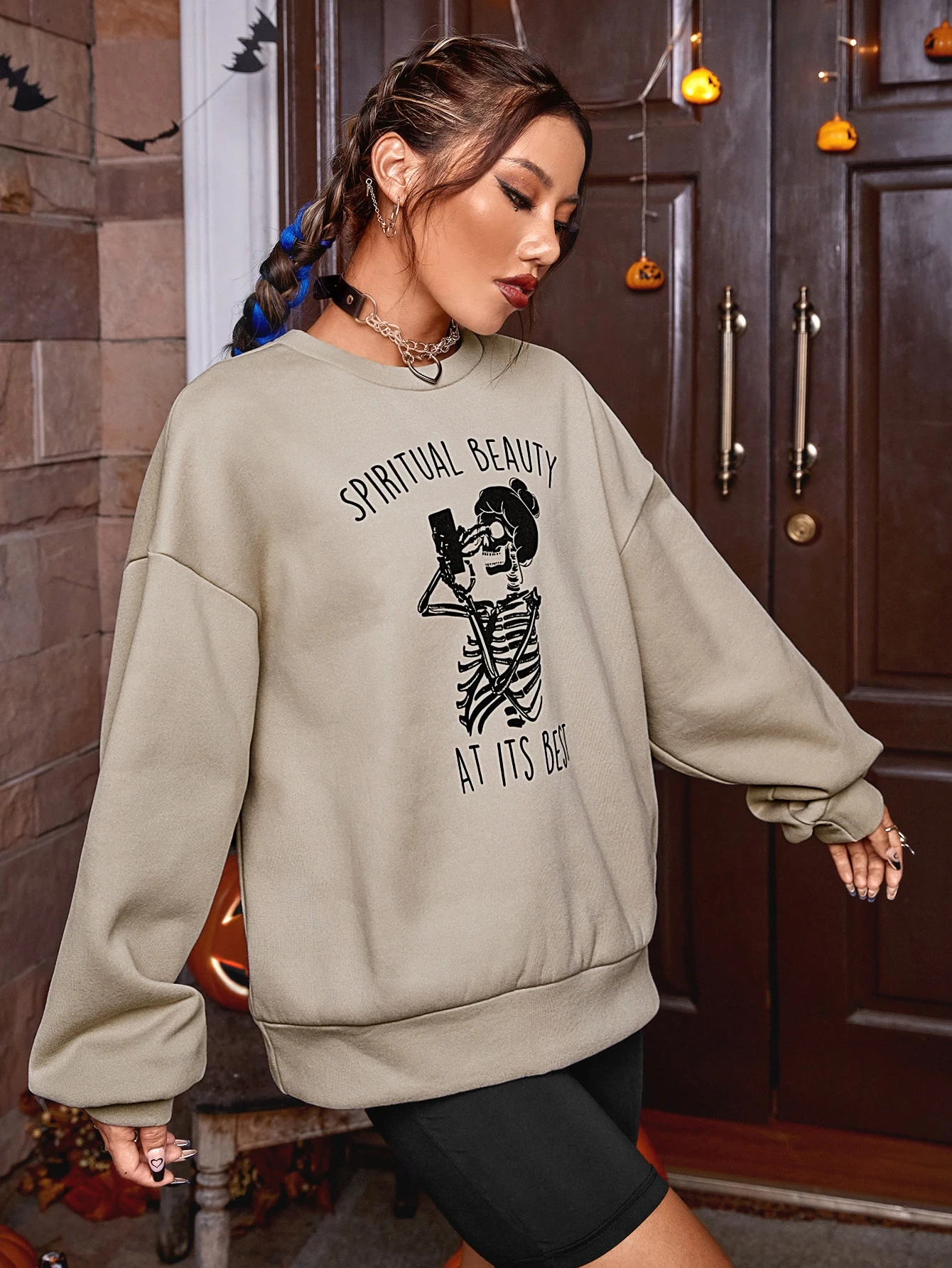 Miniatura 4 de Sudadera esqueleto con con estampado de slogan de hombros caídos Caqui