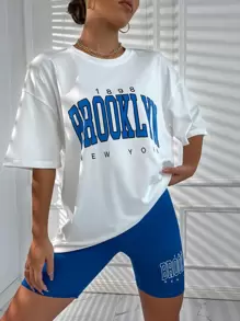 SHEIN Unity 字母圖案落肩T恤和騎行褲