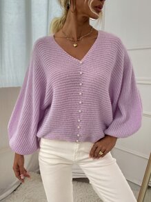 SHEIN Essnce Dolman Sleeve Pearl Beaded Jumper - Lilac Purple - View 3