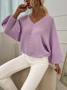 SHEIN Essnce Dolman Sleeve Pearl Beaded Jumper - Lilac Purple - View 5
