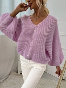SHEIN Essnce Dolman Sleeve Pearl Beaded Jumper - Lilac Purple - View 6