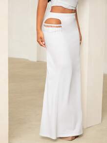 SHEIN SXY Cut Out Waist Maxi Mermaid Skirt - White - View 4