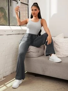 字母图案抽绳腰家居裤，秋冬款，舒适 - 灰色 - 查看 5