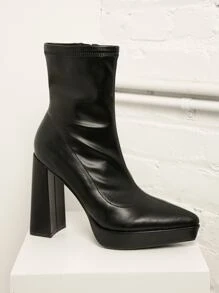 Stretch PU Pointy Toe Block Heel Booties - Black - View 1