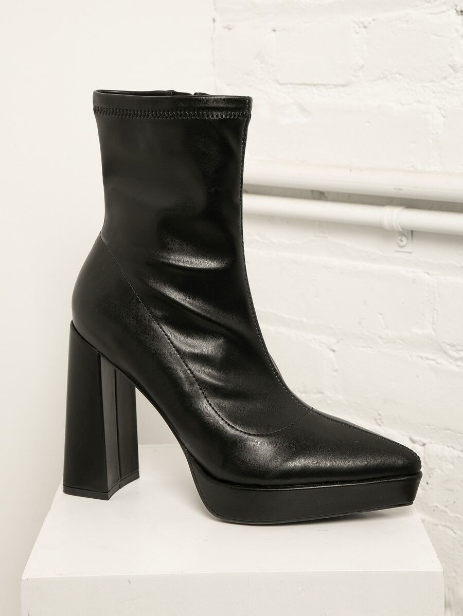 Stretch PU Pointy Toe Block Heel Booties - Black - View 1