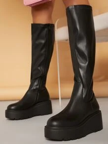SHUZIA Faux Leather Elevated Sole Knee High Boots - Black - View 2