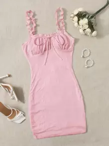 SHEIN MOD Frill Trim Strap Knot Front Ruched Bust Eyelet Dress - Baby Pink - View 1